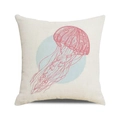Close-up of pink watercolor jellyfish print on a square linen cushion cover - Pink Jellyfish Style (3)