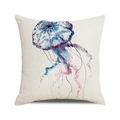 Macro detail of watercolor jellyfish pattern on cream linen square cushion cover - Blue Purple Pink Jellyfish Style (4)