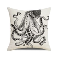 Federa per cuscino quadrata in lino con stampa di polpo in stile acquerello a mano - Polpo Bianco e Nero Disegnato a Mano (21) / 45x45cm