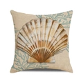 Housse de coussin en lin avec motif coquillage marron et corail bleu sur fond blanc - Style Grande Coquille Corail Bleu (32) / 45x45cm