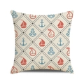 Housse de coussin carrée beige avec motif nautique de voilier et ancre rouge et bleu - Style Voilier Rouge Bleu Beige (22)