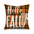 Hello Fall orange buffalo plaid pillow cover with white lettering and corn stalk design - Hi Autumn Style / 45x45cm