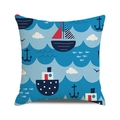 Square nautical cushion cover with blue waves, red boats and anchors on linen texture - 18x18 Inch / Cartoon Wave Nautical Theme (23) / Red White and Blue Series (23)
