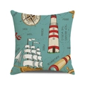 Light blue nautical pillow case featuring watercolor lighthouse and sailboat print - 18x18 Inch / Vintage Nautical Illustration Theme (24) / Light Blue (24)