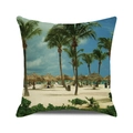 Federa per cuscino in lino con stampa di paesaggio tropicale con palme e spiaggia - Ombrellone da Spiaggia e Palme (Stile 24)