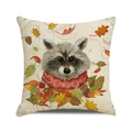 Raccoon and autumn leaves print square cushion cover made of cotton linen fabric - Plaid Scarf Raccoon (25)