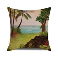 Federa per cuscino quadrata in lino con paesaggio tropicale di spiaggia e palme sul mare - Stampa Artistica Pittura a Olio sulla Spiaggia (Stile 25)