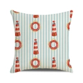 Housse de coussin nautique carrée avec motifs de phares et bouées sur rayures bleues - Style Phare Rayures Bleu Clair (26)