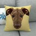 Linen cushion cover featuring a realistic greyhound portrait on a cozy gray sofa - Pale Yellow Greyhound Portrait Style (11)