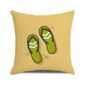 Linen beach throw pillow featuring yellow background and green flip flops print - Cartoon Beach Footprints (27)