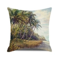 Fodera per cuscino quadrata con stampa di paesaggio tropicale con palme e spiaggia estiva - Paesaggio di Palme con Cielo Nuvoloso e Soleggiato (Stile 27)