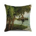 Fodera per cuscino quadrata con stampa tempio Bali Ulun Danu Bratan in cotone e lino - Paesaggio del Tempio dell'Acqua di Bali (Stile 28)