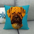 Linen throw pillow cover featuring a realistic bulldog portrait on a bright blue background - Bright Blue Bulldog Portrait Style (13)
