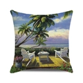 Fodera per cuscino con terrazza sulla spiaggia tropicale, palme e pittura a olio al tramonto - Arte del Tramonto sulla Terrazza al Mare (Stile 29)