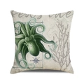 Square beige cushion cover with vintage green octopus print and blue compass pattern - Dark Green Octopus Compass (33) / 45cmx45cm