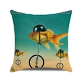 Square cushion cover featuring cartoon goldfish on unicycles in surrealist style - Unicycle Riding Goldfish(25) / 18x18 Inch