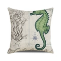 Watercolor seahorse and nautical compass design on a beige cotton linen cushion cover - Retro Seahorse Compass (34) / 45cmx45cm