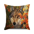 Vierkante kussenhoes met wolf en herfstbladeren op linnen textuur stof - Boswolf (32)