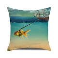 Watercolor shark whale cushion cover featuring a surreal fish towing a sailing ship - Goldfish Towing Ship(26) / 18x18 Inch