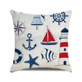 Nautical themed square cushion cover with anchor and lighthouse patterns in navy blue - Navy Blue Red Beige Cartoon Nautical (15) / 18x18 Inch / Beige
