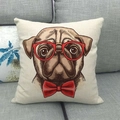 Linen pillow cover featuring a pug dog portrait with red glasses and a red bowtie - Funny Pug with Red Glasses Illustration Style (15)