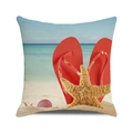 Square throw pillow featuring red flip flops and starfish watercolor beach scene print - Red Slipper Starfish (33)