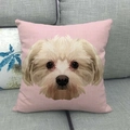 Pink linen throw pillow cover with geometric dog portrait on a grey sofa - Pink Geometric Low Poly Dog Style (16)