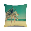Federa per cuscino retrò con palma e spiaggia su trama di lino per arredamento estivo - Paesaggio Marino Retro Nostalgico (Stile 38)