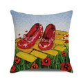 Wizard of Oz themed square throw pillow featuring red sequin shoes on yellow brick road - Red Sparkling High Heels (40)