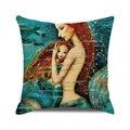 Watercolor mermaid mother and child art print on square cotton linen pillow cover - Mermaid Mother and Child Hug(35) / 18x18 Inch