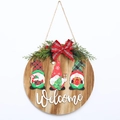 Targa di benvenuto natalizia rotonda in legno con gnomi, aghi di pino e fiocco a quadri - Pendente in legno rotondo