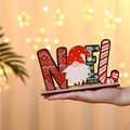 Detailed view of hand-held wooden NOEL sign with gnome character and festive knit texture - Horizontal NOEL Gnome Style