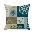 Close-up of nautical throw pillow cover featuring octopus and anchor prints on linen fabric - Vintage Lake Blue Beige Collage Style (1)