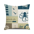 Detail of nautical cushion cover featuring anchors, lighthouses, and sea motifs on canvas - Beige Blue Patchwork Seaside Icon Style (3)