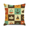 Detailed view of nautical pillow cover with anchor and sailboat prints on linen fabric - Vintage Cartoon Color Block Nautical Style (4)