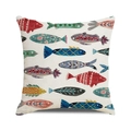 Detailed view of square pillowcase featuring folk art fish patterns on linen fabric - Folklore Art Fish Pattern (3) / 18x18 Inch