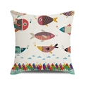 Close-up of square cotton-linen pillowcase featuring colorful cartoon fish and bubbles - Colorful Cartoon Small Fish Pattern (2) / 18x18 Inch