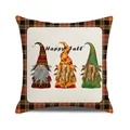 Detail of fall gnome pillowcase with orange plaid borders and Happy Fall text print - Happy Fall Gnomes Series (5)