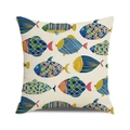 Close-up of colorful cartoon fish prints on a linen texture square cushion cover - Nordic Style Cartoon Fish Pattern (12)