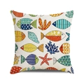 Detailed close-up of cartoon ocean fish print and fabric texture on square cushion cover - Cartoon Tropical Fish Sea World Pattern (13)