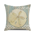 Detail of nautical cushion cover featuring sea dollar sand dollar print on linen texture - 18x18 Inch / Blue Striped Conch & Sand Dollar Style (1)
