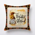 Detail view of Thanksgiving gnome pillow case with Thankful and Blessed text and plaid border - Thankful and Blessed Gnome Sunflower (9)