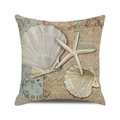 Close-up of linen cushion cover showing watercolor starfish and vintage postcard print - 18x18 Inch / Vintage Postmark Scallop & Starfish Style (5)