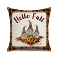 Detailed view of autumn gnome pillow cover featuring Hello Fall text and sunflower motif - Hello Fall Gnome Pumpkin (14)