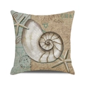 Coastal nautical throw pillow cover with watercolor seashell and starfish design - 18x18 Inch / Vintage Postcard Spiral Shell Style (7)