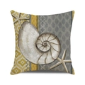 Detail of square linen pillowcase with watercolor seashell and starfish ocean design - 18x18 Inch / Bright Yellow Patchwork Realistic Conch Style (9)