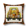 Detail of harvest gnome truck design on faux linen pillow cover with plaid borders - Autumn Harvest Gnome Truck (17)