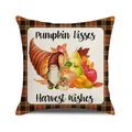 Detail of harvest gnome pillow cover with pumpkin kisses text and plaid pattern border - Pumpkin Kisses Harvest Wishes (19)