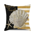 Detail of nautical cushion cover with realistic scallop, starfish and gold Paradise Found text - 18x18 Inch / Black & Gold Striped Paradise Found Style (13)
