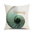 Watercolor nautilus sea shell cushion cover in beige linen with Serenity script text - 18x18 Inch / Green Spiral Nautilus Style (12)
